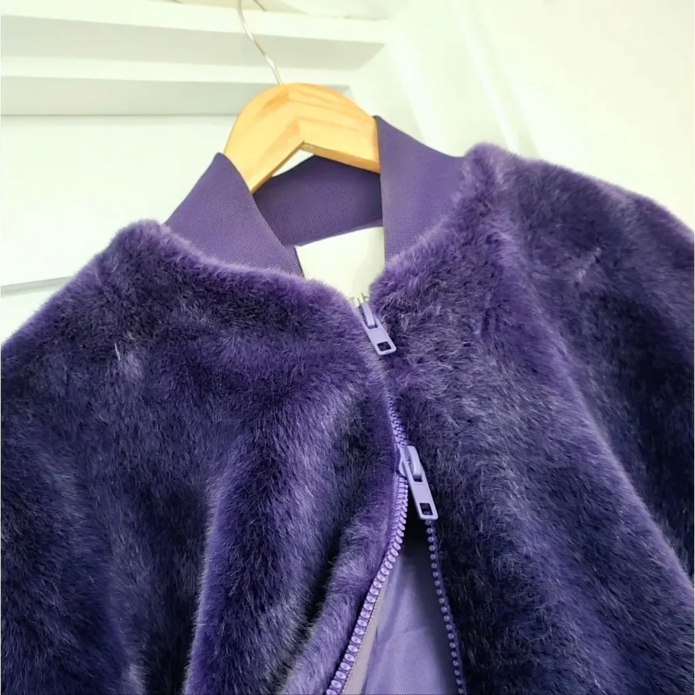 Tibi Luxe Faux Fur Mid Length Sporty Bomber Jacket in Purple - Picture 7 of 13